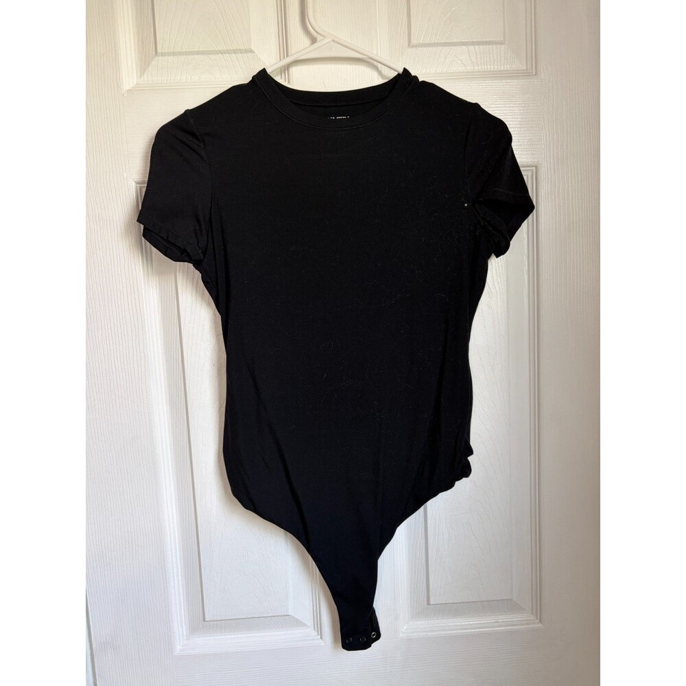 PUMIEY Bodysuit Women Medium Black Short Sleeve Crew Neck Thong Base Layer